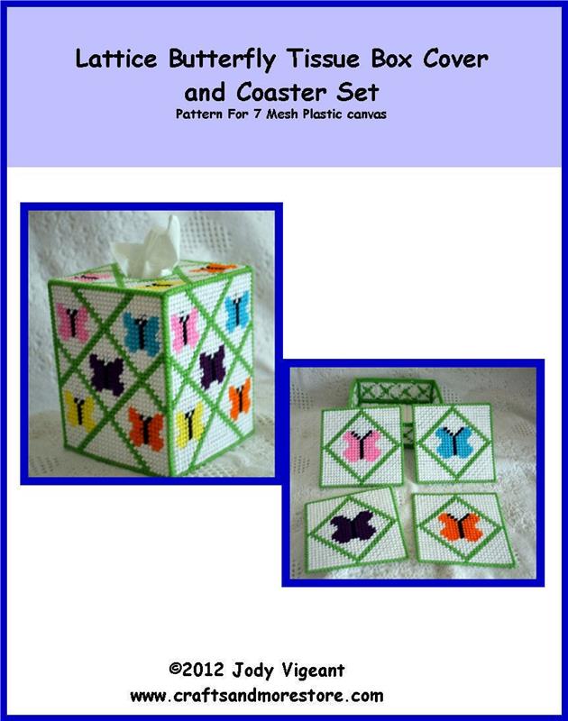lattice-butterfly-tissue-box-cover-and-coaster-set for Free Printable Plastic Canvas Butterfly Patterns Lattice Butterfly Tissue Box Cover and Coaster Set