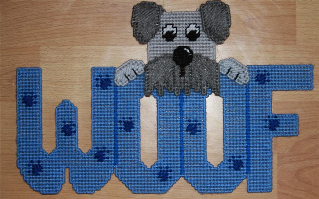 "WOOF Dog Wall Hanging" Plastic Canvas Pattern